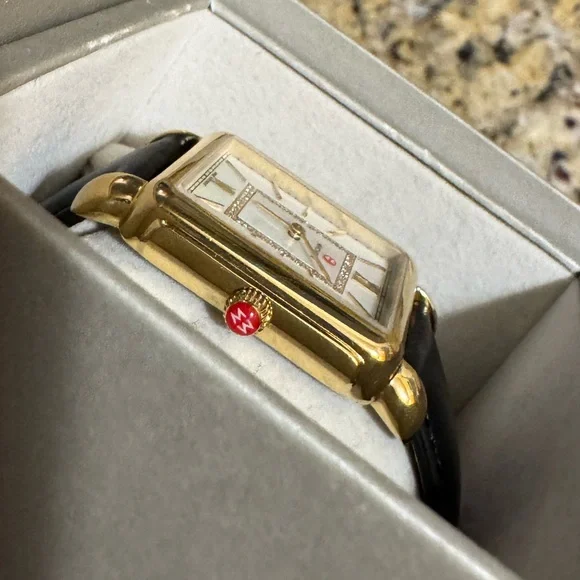 MICHELE Deco II Mother of Pearl Diamond 18K Gold Plated Leather Band Watch - Picture 4 of 15